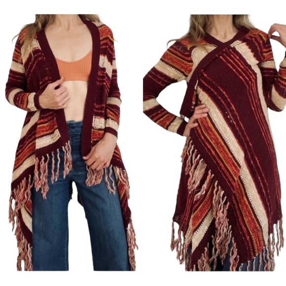 Lucky Brand Sweater Womens Small Maroon Orange Cotton Linen Boho Knit Fringe M - Picture 1 of 10